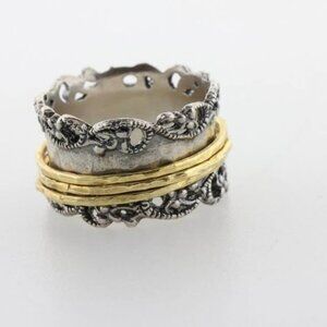 Or Paz Israel Sterling Silver & Gold Vermeil Floral Vine Scroll Spinner (size 7)